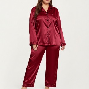 Anna-Kaci Lounge Women's PLus Size Satin Pajama Set with Long Sleeve Button Front Top and Relaxed Straight Leg Pants - 1 of 4