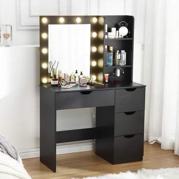 Makeup Vanity with Drawers, Black Dressing Table with Mirror and Lights in 3 Colors 12 LED