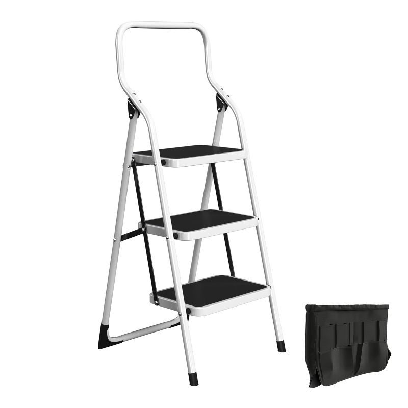 3-Step Stool - Folding Ladder with Handrails, Attachable Tool Bag, Nonslip Feet, Steel Frame, and 330lbs Weight Capacity by Stalwart (White), 1 of 7