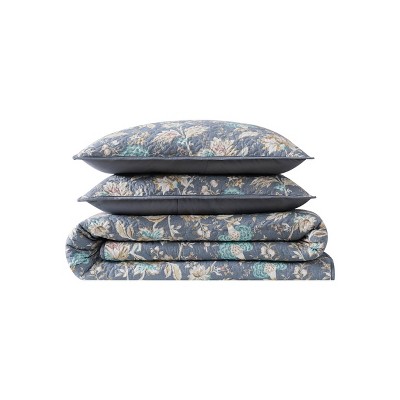 Slate Blue Floral King Cotton Quilt Set with Reversible Design