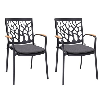 2pk Portals Outdoor Patio Aluminum Chair in Black with Natural Teak Wood Accent - Armen Living