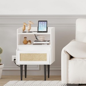 GustoWave Nightstands Set of 2, Natural Rattan End Table with Charging Station,  with Drawer and Storage Shelf for Bedroom, White - 1 of 4