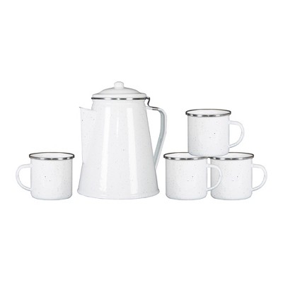 Stansport Enamel 8 Cup Coffee Pot With Percolator and 4 12oz Mugs White