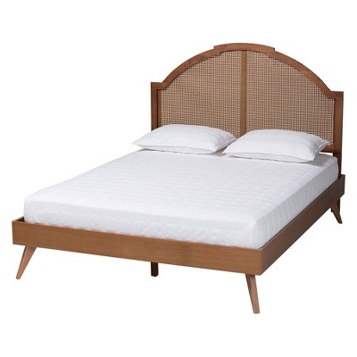 Baxton Studio King Ridgely Wood and Rattan Platform Bed Walnut Brown