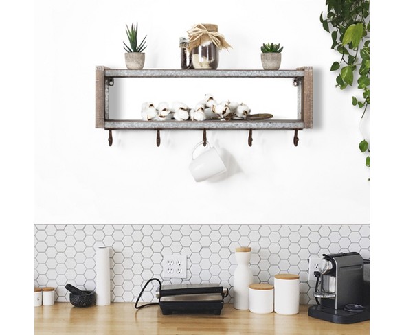 24.7" x 9.5" Decorative Galvanized Metal And Wood Wall Shelf Brown - E2 Concepts