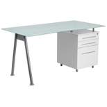 Emma and Oliver White Computer Desk with Glass Top and Three Drawer Pedestal