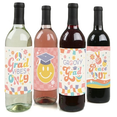 Big Dot of Happiness Groovy Grad - Hippie Graduation Party Decorations for Women and Men - Wine Bottle Label Stickers - Set of 4