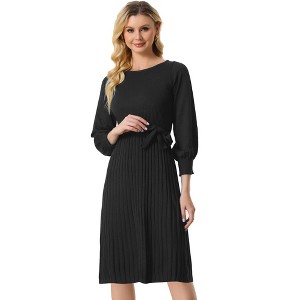 Allegra K Women's Knit Belted Round Neck Lantern Sleeves Casual Pleated Sweater Dresses - 1 of 4