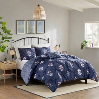 Navy Microfiber Full Bedspread Set with Floral Print