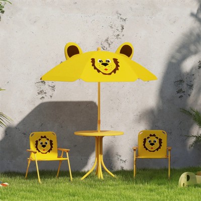 VisioGear 4PCS Kids Outdoor Activity Table with 2 Foldable Chairs and Umbrella for Patio, Backyard, Yellow, 19.5"*19.5"*19.7"