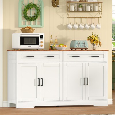 USIKEY Large Sideboard Buffet Cabinet with 4 Doors and 2 Drawers, Modern Coffee Bar with Adjustable Shelves for Kitchen, Dining Room, White