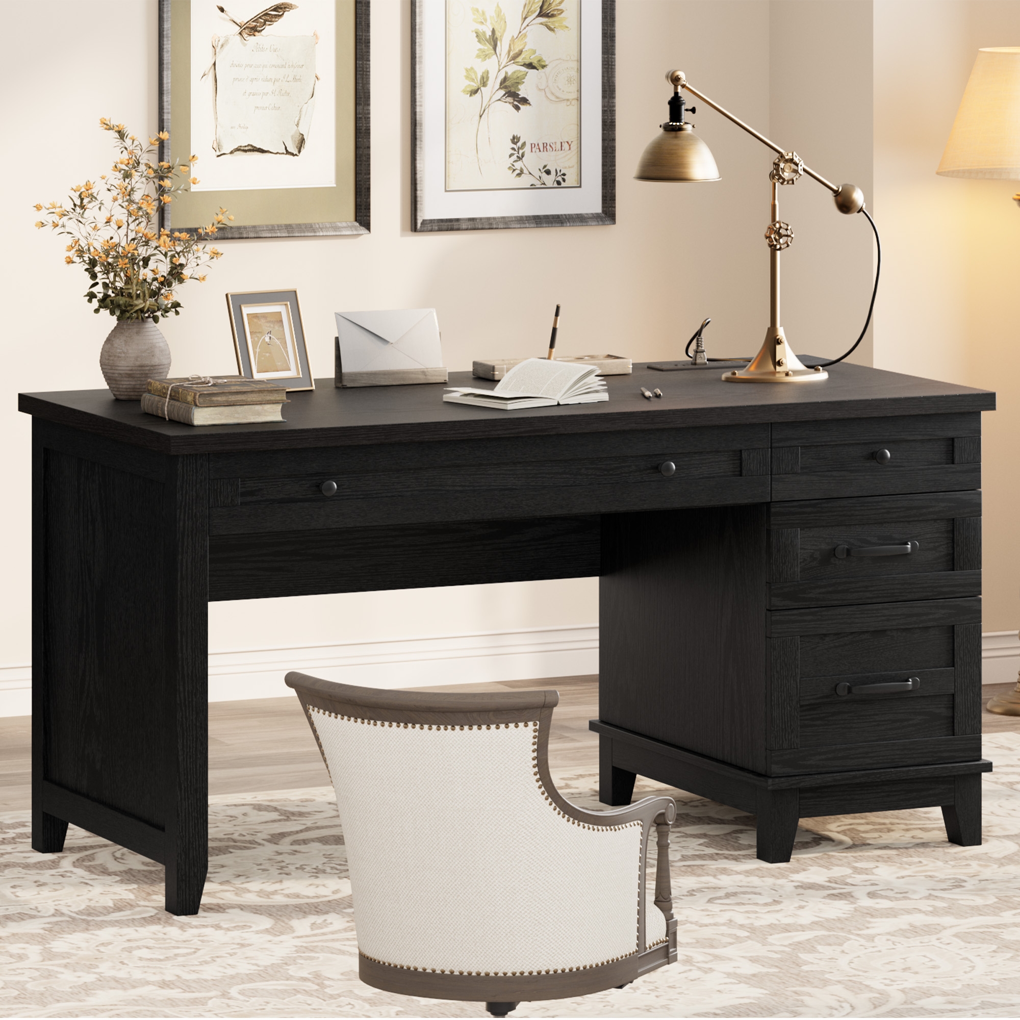 Garvee Executive Desk with Drawers, Wooden Farmhouse Home Office Desk with Charging Station, 53.54" Computer Writing Desk with File Cabinet Storage