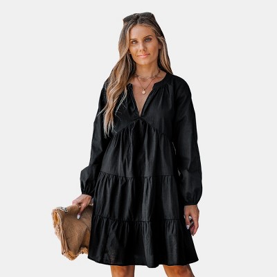 Women's Black V-Neck Long Sleeve Ruffle Hem Mini Dress - Cupshe