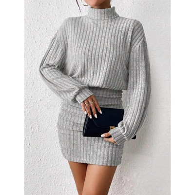 Women Dress Elegant Ribbed Turtleneck Long Sleeve Mini Dress