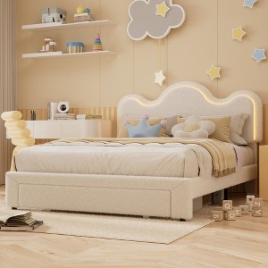 Upholstered LED Bed Frame with Storage Drawer, Adjustable Boucle Headboard, Cute Princess Platform Bed for Girls/Kids, No Box Spring Needed - 1 of 4