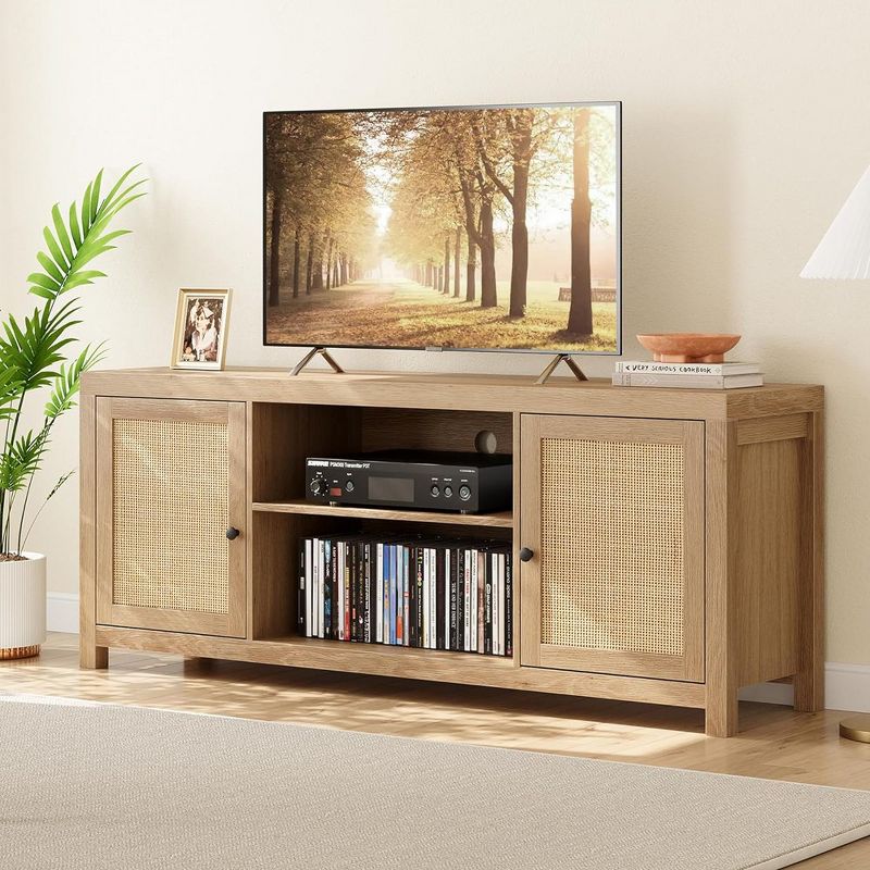 Whizmax Rattan TV Stand for 65 Inch, Boho Entertainment Center with Storage and Doors for Living Room, Natural Oak (58 Inch), 1 of 10