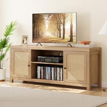 Whizmax Rattan TV Stand for 65 Inch, Boho Entertainment Center with Storage and Doors for Living Room, Natural Oak (58 Inch)