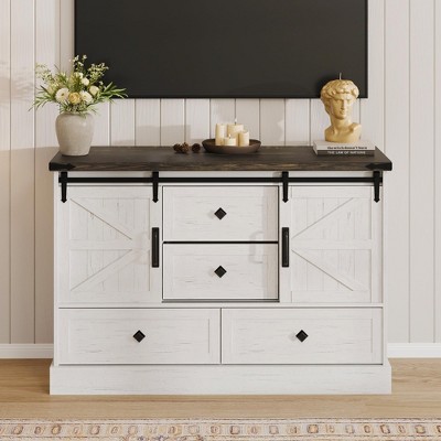 Farmhouse 4 Drawer Dresser for Bedroom, 45" Wood Dressers with Sliding Barn Doors, TV Stand with Large Drawers & Bar Handles