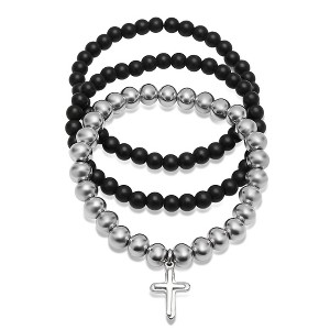Steeltime Men's set of 3 black lava and stainless steel with cross beaded bracelets. Color Options: Silver, Gold - 1 of 4
