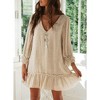 Women's Ruffle Mini Dress V Neck Smocked Flowy Sundress Loose Linen Cuffed 3/4 Sleeve Dresses - 2 of 4