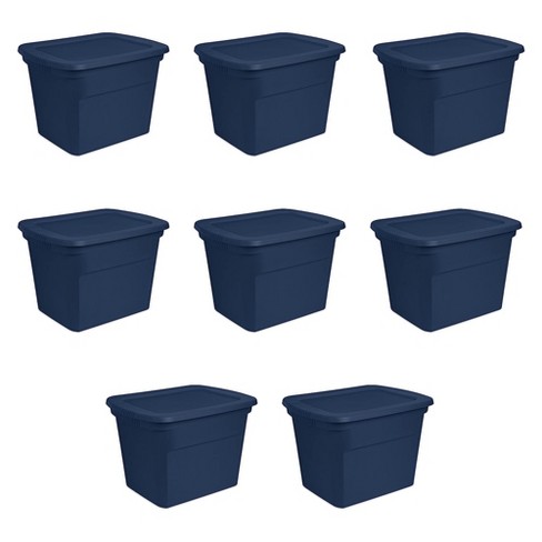 Sterilite 18 Gal Storage Tote, Stackable Bin with Lid, Plastic Container to  Organize Clothes in Closet, Basement, Blue Base and Lid, 8-Pack