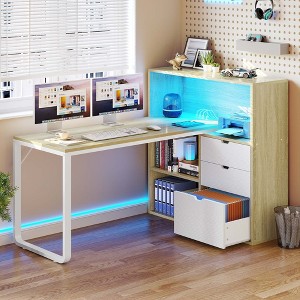 L Shaped Desk Office Desk with 3 Drawers & Power Outlets LED 55in Corner Gaming Computer Table with Adjustable Shelf Natural - 1 of 4