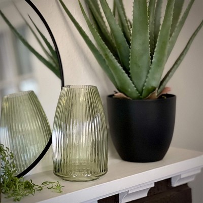 Green Ribbed Glass Vase for Table Centerpieces