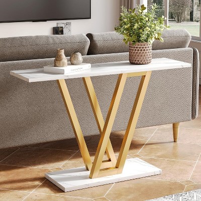 Gold and White Faux Marble Console Table with V-Legs