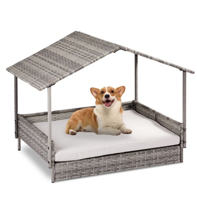 BENCMATE Pet Crates and Houses Premium Wicker Pet House, Elevated Indoor and Outdoor Rattan Dog Bed with Plush Cushion, Gray, 32.1"*27.6"*5.3"