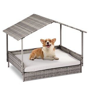 BENCMATE Pet Crates and Houses Premium Wicker Pet House, Elevated Indoor and Outdoor Rattan Dog Bed with Plush Cushion, Gray, 32.1"*27.6"*5.3" - 1 of 4