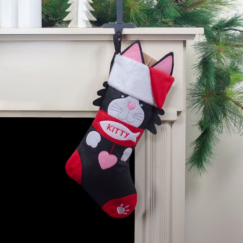 Northlight 19.5" Black and Red Embroidered Kitty Cat Christmas Stocking, 2 of 5