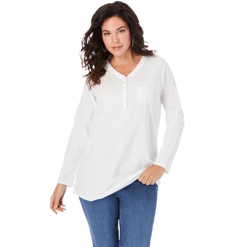 Roaman's Women's Plus Size Long-sleeve Henley Ultimate Tee With ...