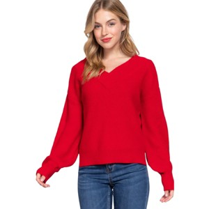 Slickblue Women's Double V-Neck Sweater, Long Sleeve Relaxed Fit, Black/Grey/Red/Yellow Knit, Size S-L - 1 of 4