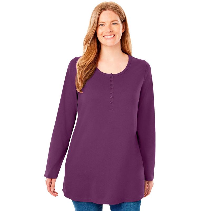 Woman Within Women's Plus Size Perfect Long-Sleeve Henley Tee, 1 of 2