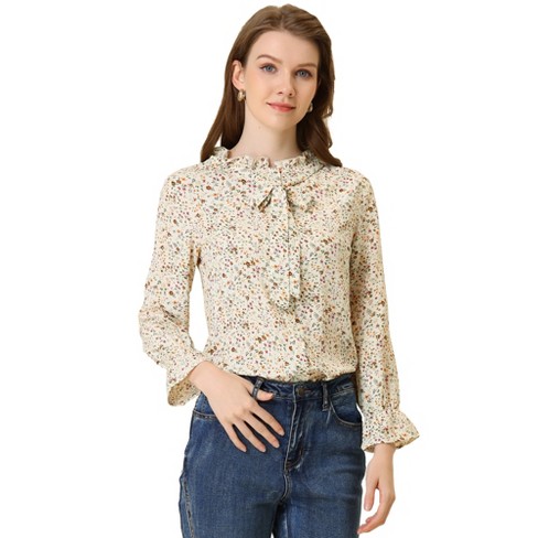 Allegra K Women's Vintage Floral Tie Neck Long Sleeve Ruffled