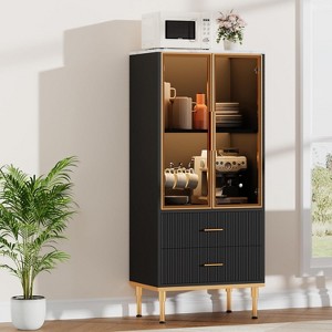 Fluted Storage Cabinet with Glass Door and 2 Drawers, Modern Display Storage Cabinet, Kitchen Pantry with Adjustable Shelves - 1 of 4