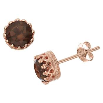 6mm Round-cut Smoky Quartz Crown Stud Earrings in Rose Gold Over Silver