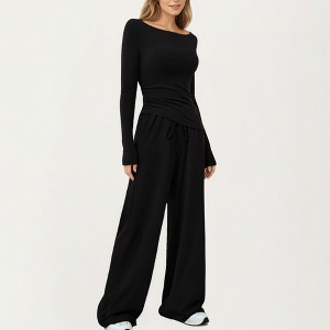 Anna-Kaci Women's Wide-Leg Lounge Set with Elastic Waist and Drawstring Closure- Black,Small - 1 of 4