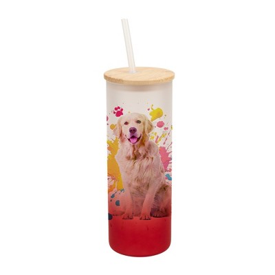100 North 25 Ounce Frosted Glass Gradient Travel Tumbler With Straw & Wooden Lid, Golden Retriever Paint Splatter Red