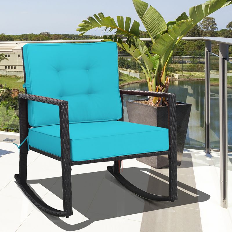 Costway Patio Rattan Rocker Chair Outdoor Glider Rocking Chair Cushion Lawn Turquoise, 1 of 11
