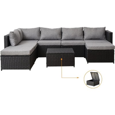 8 Pieces Outdoor Patio Sofa Sets All Weather Weaving Sectional PE Rattan Wicker Patio Conversation Set w/ Storage Table