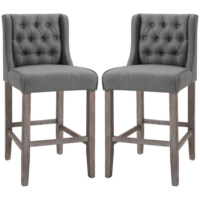 HOMCOM 26.25" Counter Height Bar Stools Set of 2, Tufted Wingback Armless Upholstered Dining Chair with Rubber Wood Legs, 4 of 9