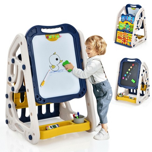 Kids Easel Wooden Art Easel Adjustable Standing Easel Double-Sided Drawing Easel with Paper Roll Chalkboard & Whiteboard for Kids Toddlers Birthday
