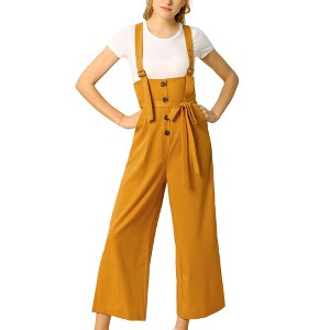 Allegra K Women's High Waist Wide Leg Belted Button Long Overalls Jumpsuit - 1 of 4