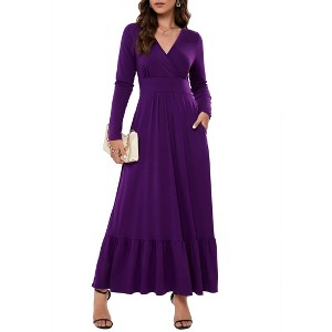 Coolmee Women Spring Fall Maxi Dress Long Sleeve V Neck Casual Flowy Pleated Ruffle Long Dress with Pockets - 1 of 4