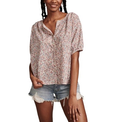 Lucky Brand Womens Floral Smocked Knit Blouse