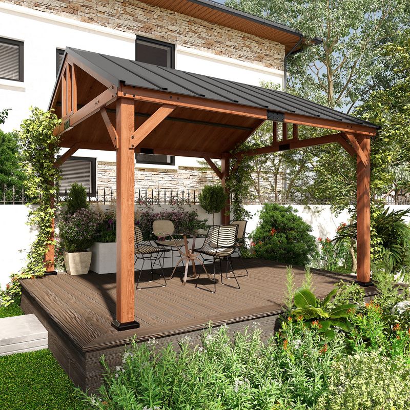 Outsunny 12' x 11' Hardtop Gazebo Canopy with Solid Wooden Frame and Waterproof Asphalt Roof, for Patio, Backyard, Deck, Porch, Brown, 3 of 8