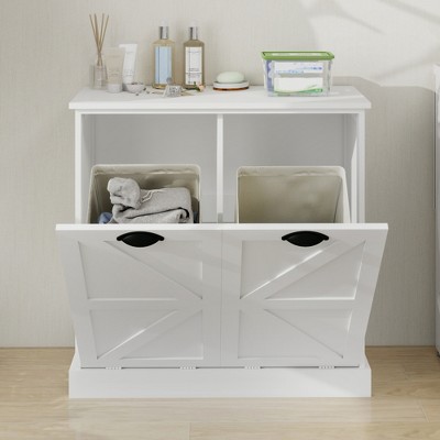 GlasFlength Decorative Storage Cabinet 2-Compartment Tilt-Out Laundry Sorter, Free Standing Home Organizer, for Bathroom, White, 31.49"*13.77"*30.70"