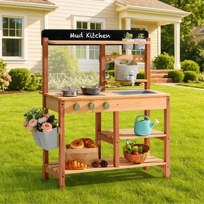 ROBOTIME Play Food And Toy Kitchens Outdoor Play Kitchen Toy, Kid Play Kitchen Accessories, Educational Gift for Girl Boy, Brown, 15"*28.7"*36.6"