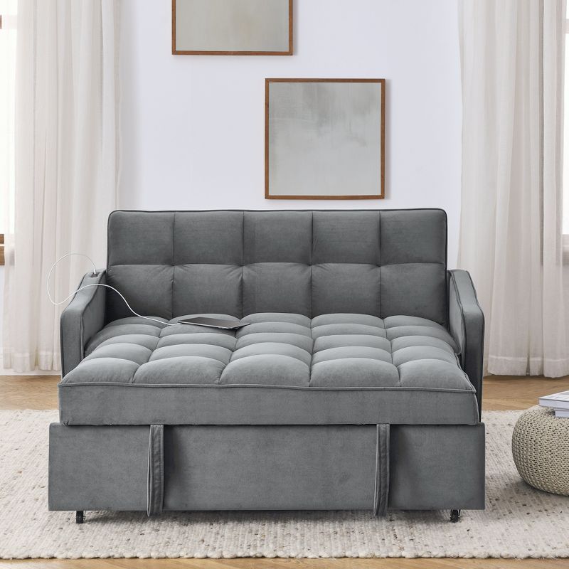 53" Pull-Out Sleeper Sofa Bed With TypeC and USB Charging, Upholstered Loveseats Sofa with Adjsutable Back and Two Arm Pocket - ModernLuxe, 3 of 15
